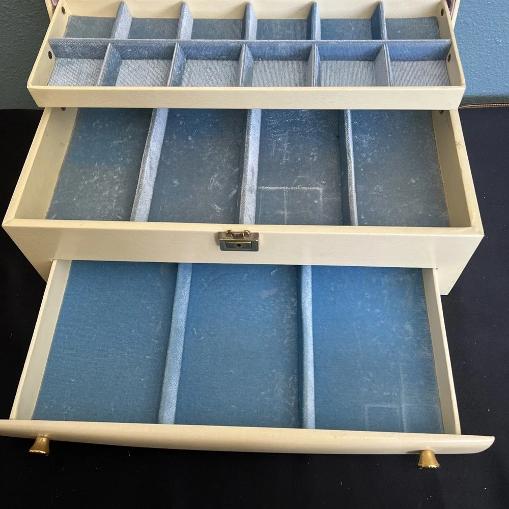 Vtg  Large Lady Buxton Jewelry Box Multi Drawers‎ Mid Century Modern Blue Velvet
